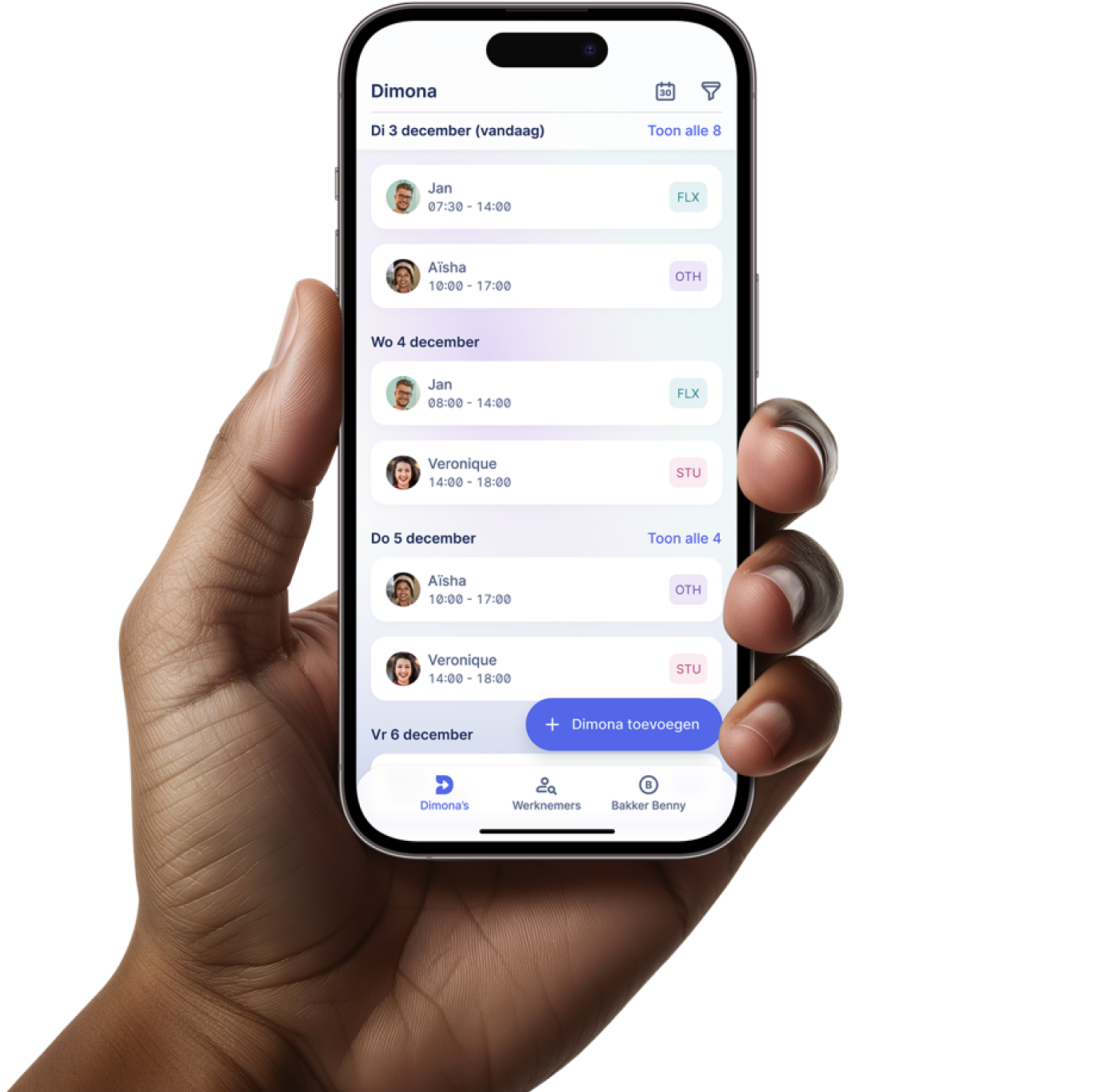 Hand holding iPhone with the Dimona Direct app running